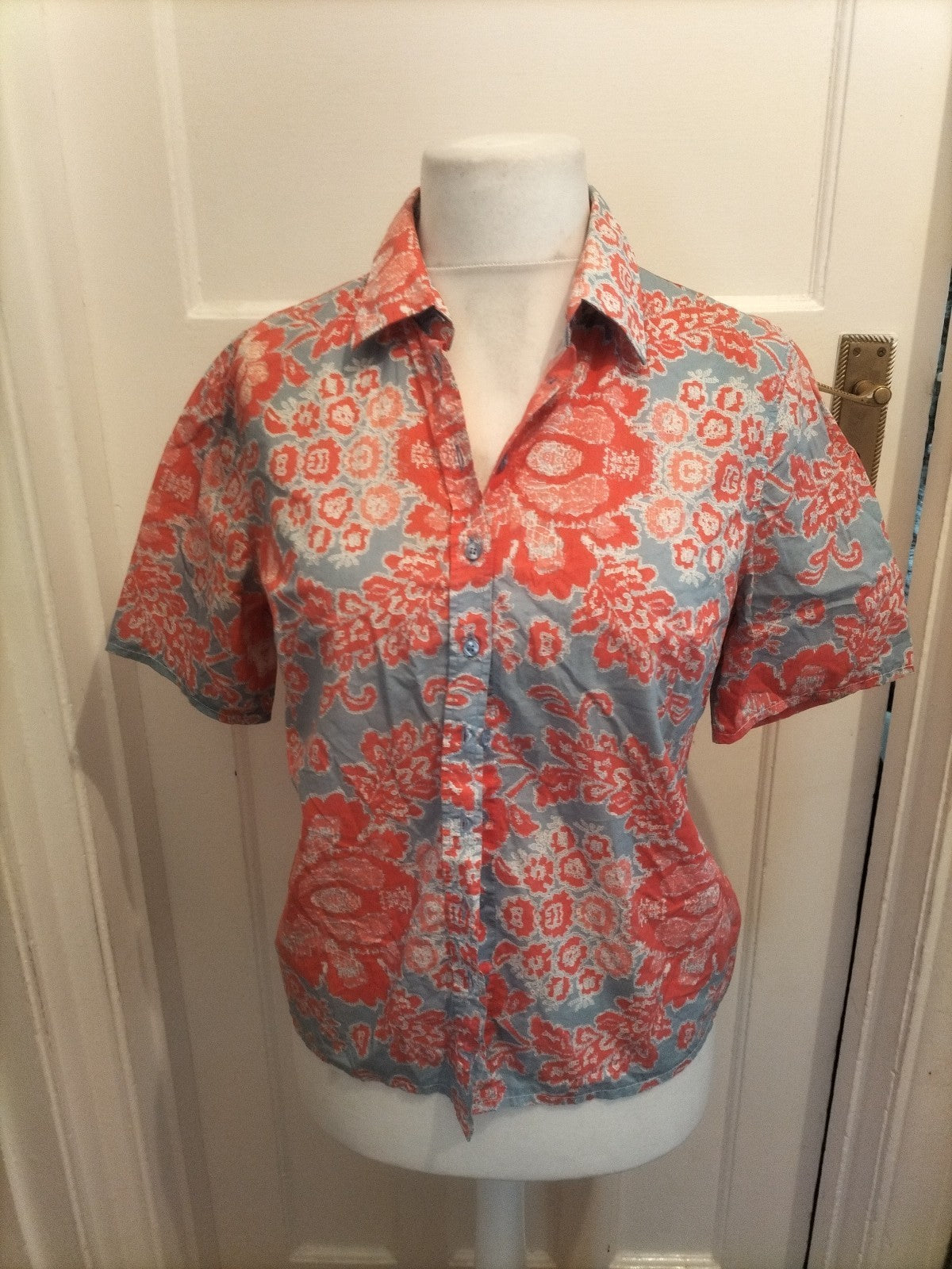 Ladies Hawes & Curtis Size 14 Grey And Red Short Sleeved Blouse Shirt