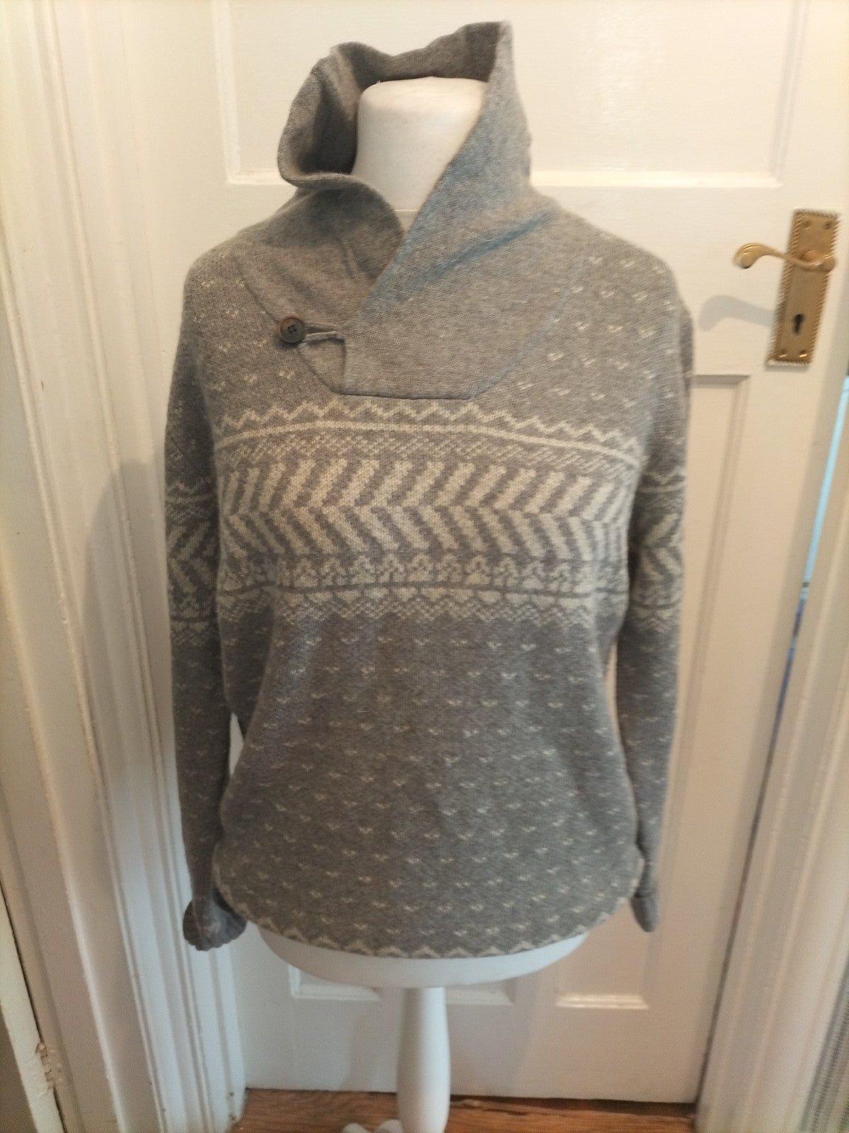 Rocha John Rocha Large Grey Cream Collared Long Sleeve Jumper Pullover