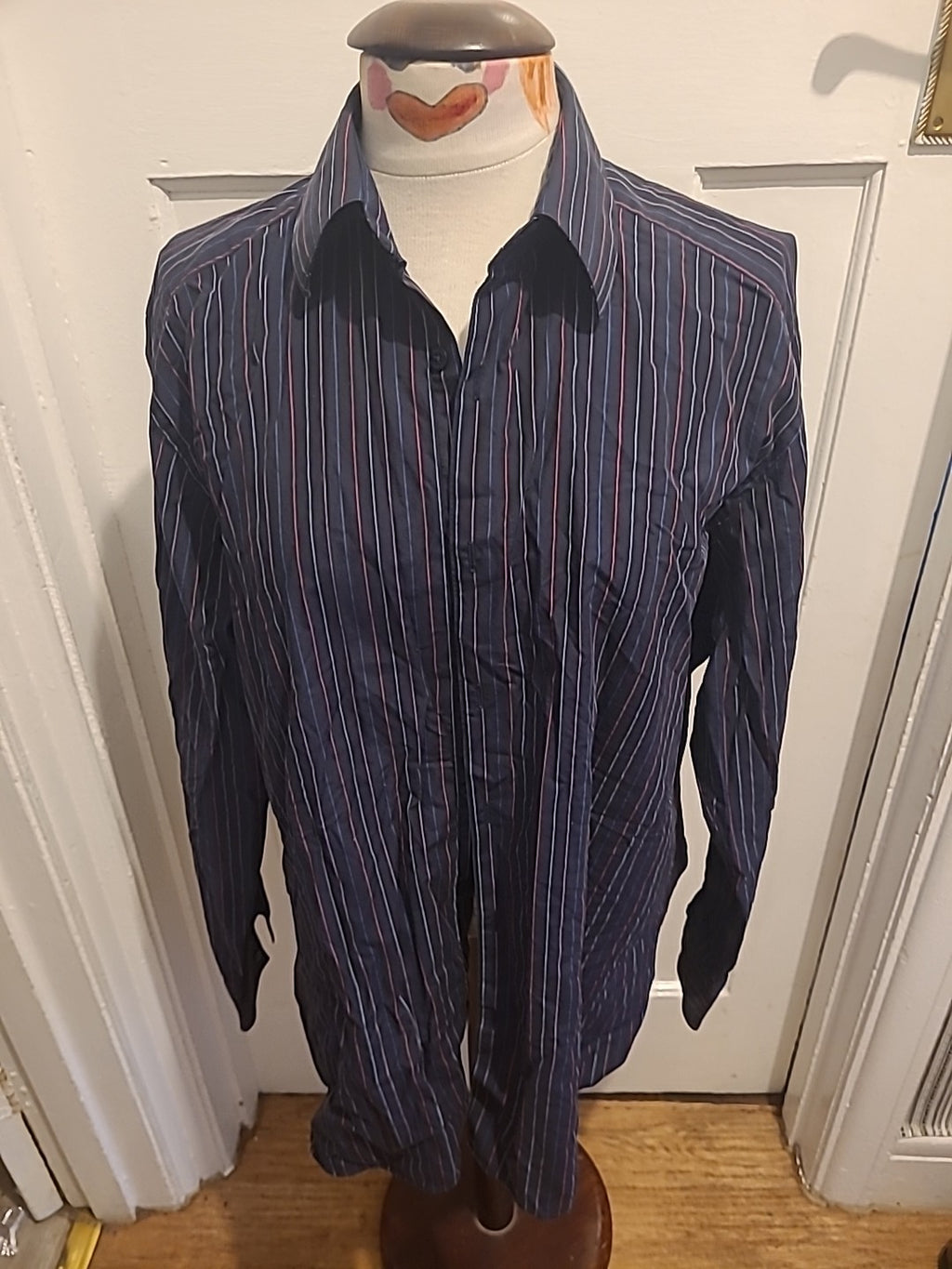 Mens Marks And Spencer 16.5" Pure Cotton Long Sleeve Black Blue And Red Striped