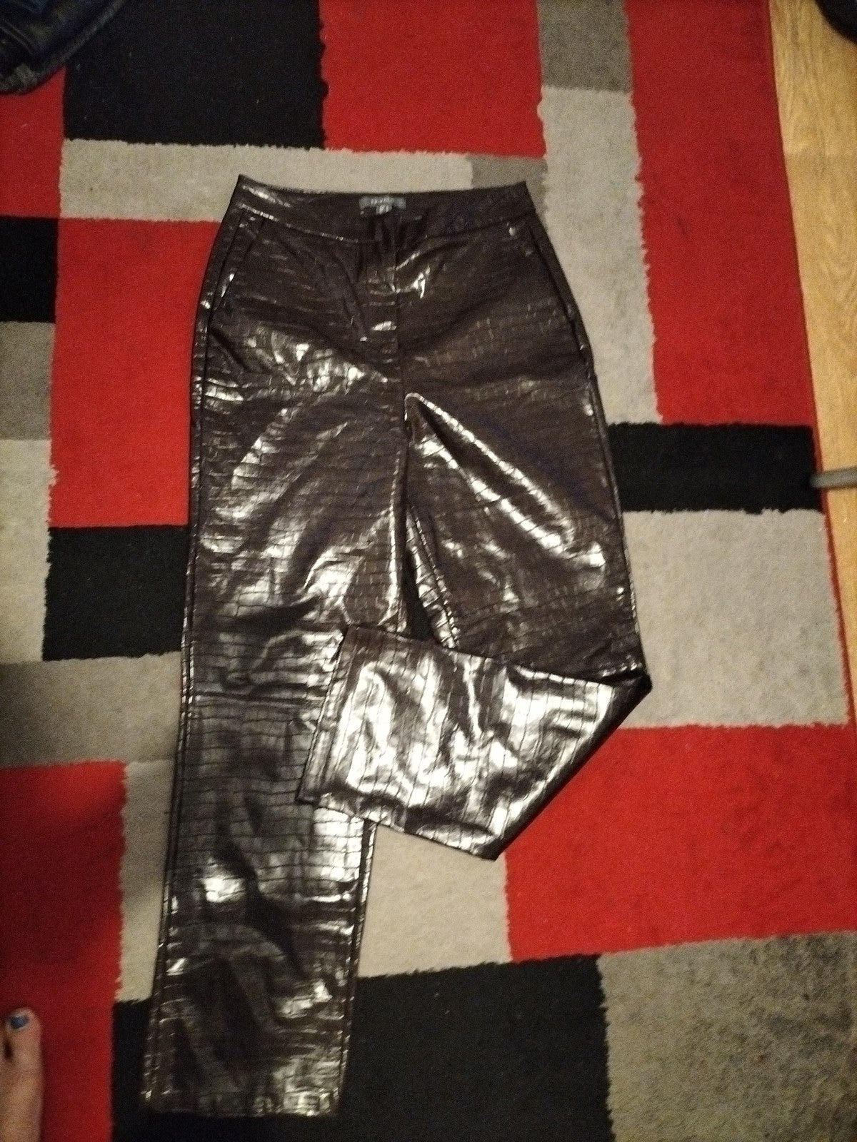 Ladies Primark Size 12 Dark Brown Pleather Patterned Trousers