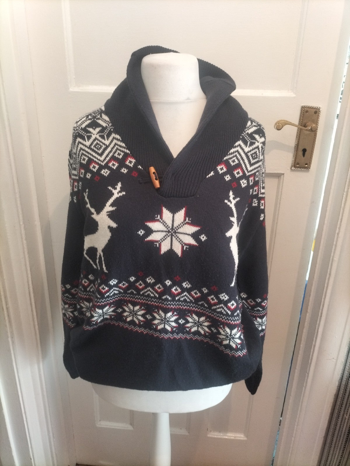 Cotton Traders Large Navy Reindeer Collared Christmas Jumper