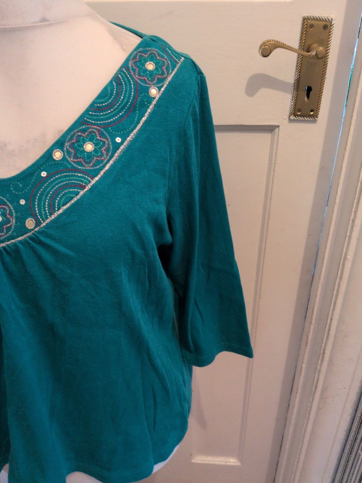 Essence 18 Teal V Neck With Patterned Neck Long Sleeve Blouse