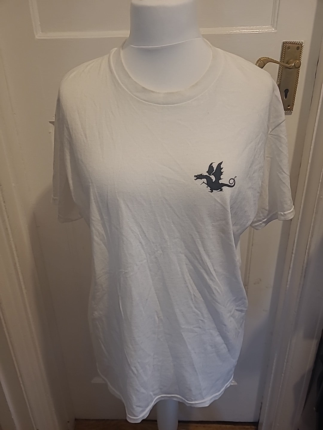 Ladies Gildan Size Large White With Printed Black Short Sleeved Tshirt