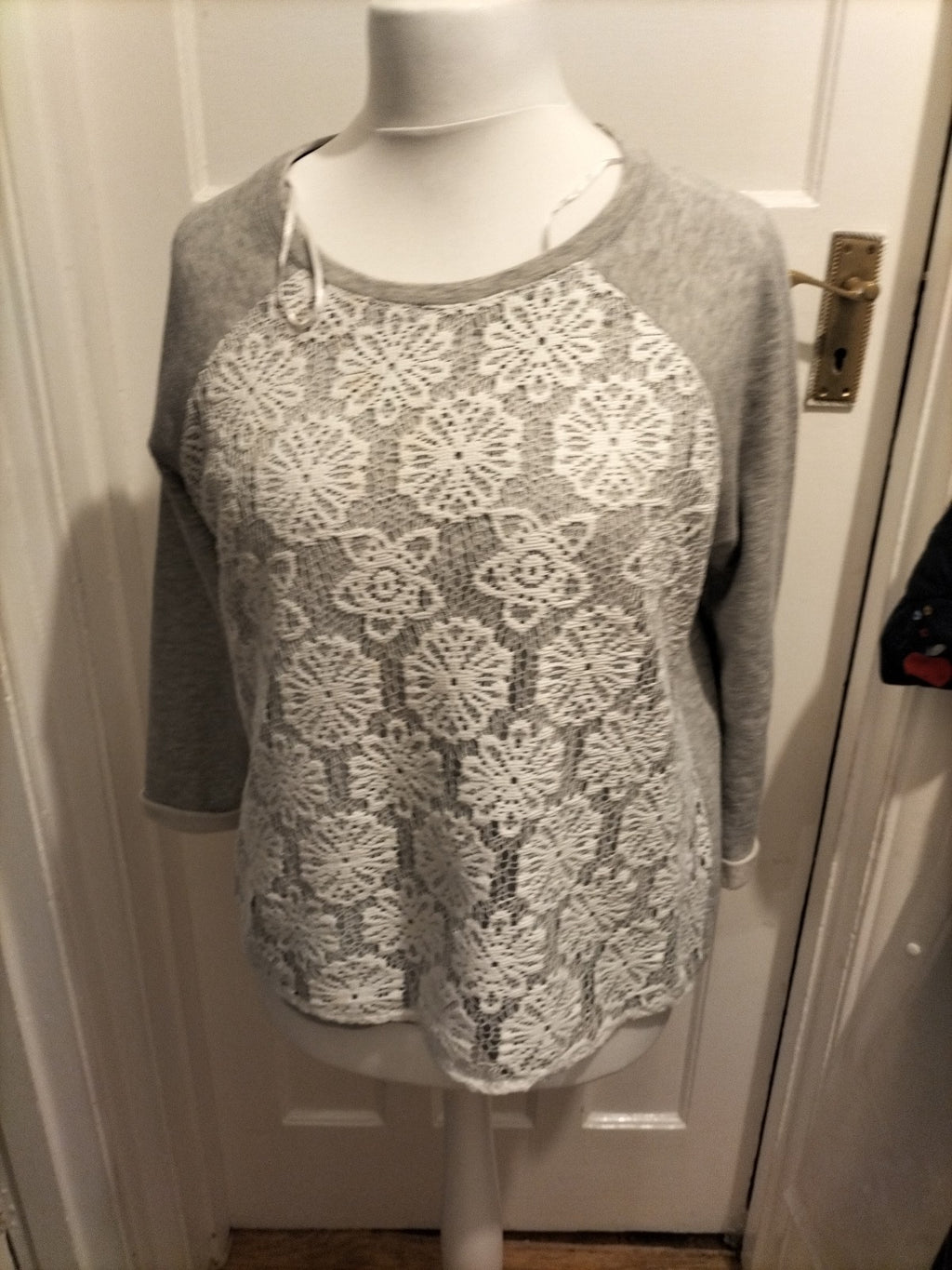 Ladies Peacocks Size Medium Grey With Floral White Lace Jumper