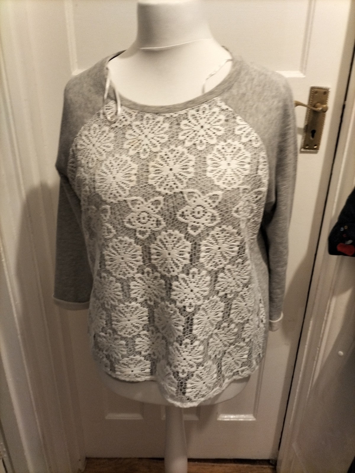 Ladies Peacocks Size Medium Grey With Floral White Lace Jumper