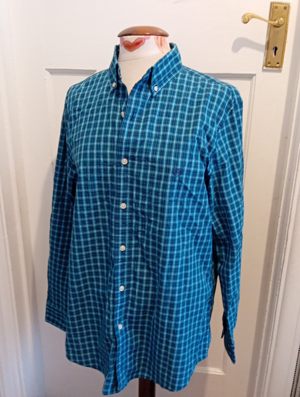 Mens Chaps Size Medium Turquoise Check Easy Care Long Sleeved Shirt