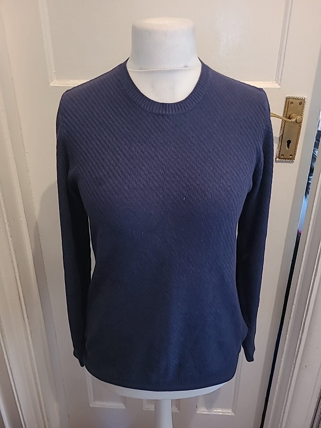 Mens Marks And Spencer Size Small Navy Textured Long Sleeved Pullover Jumper