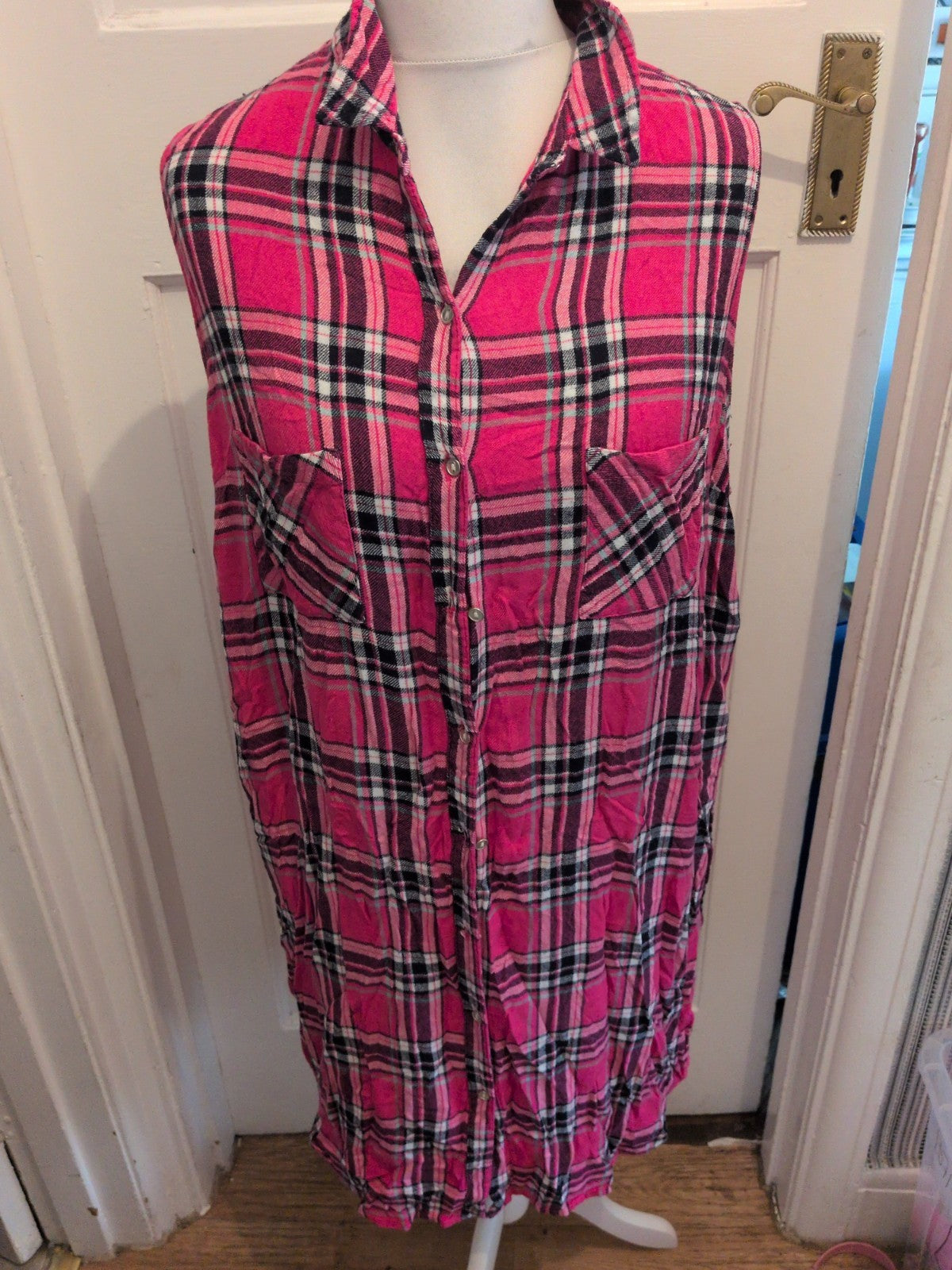 Marks And Spencer 20 Pink Check Collared Sleeveless Buttoned Dress