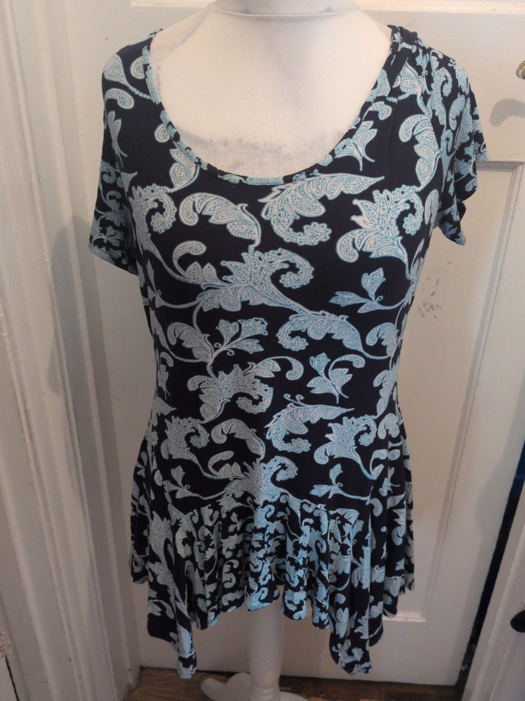 Ladies Per Una Size 14 Navy And Teal Pattern Short Sleeve Blouse