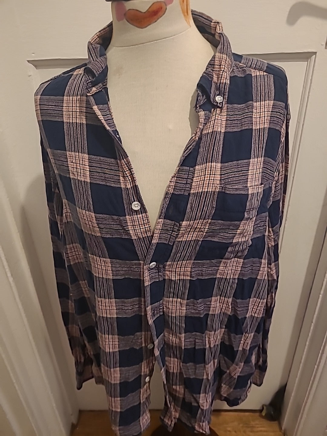Mens George Size Large Pinky Red Navy Check Long Sleeved Shirt