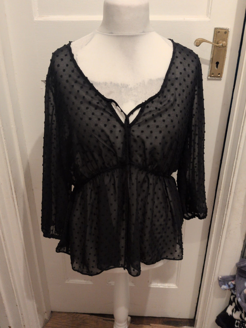 Ladies Papaya 16 Black Mesh Style See Through Long Sleeve V Neck Blouse