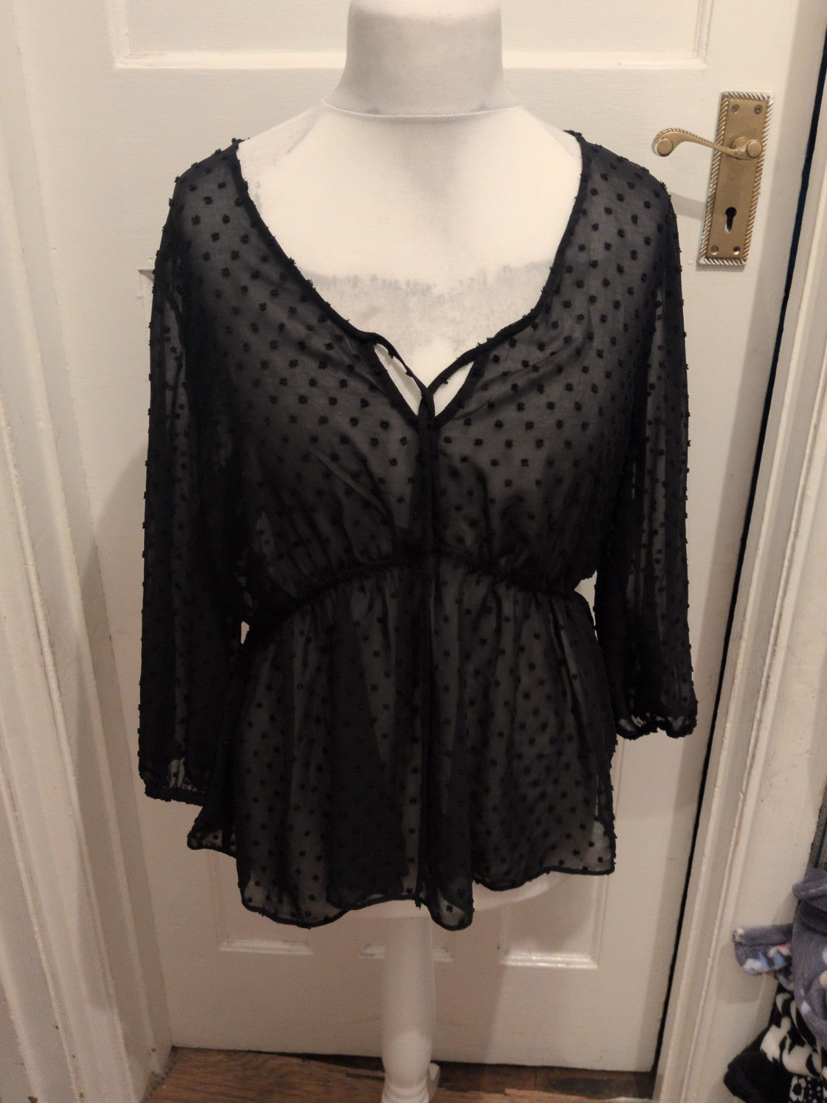 Ladies Papaya 16 Black Mesh Style See Through Long Sleeve V Neck Blouse