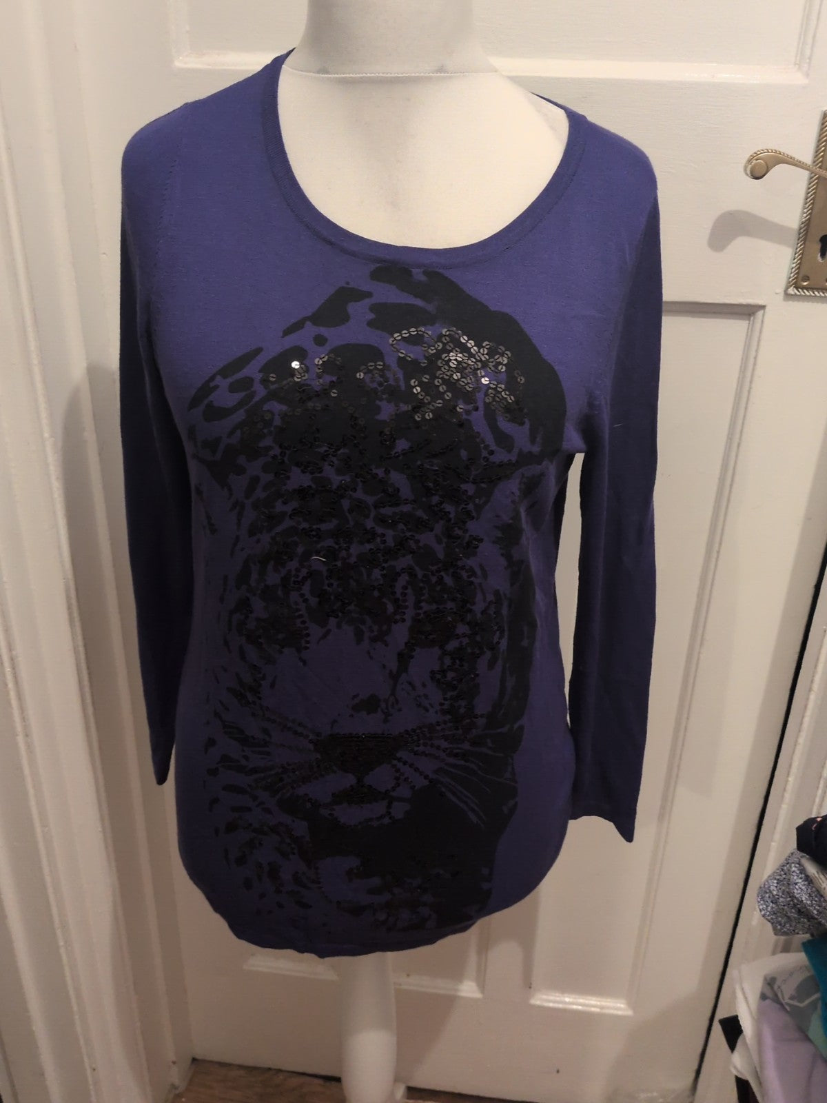 Large Blue And Black Sequin Long Sleeve Blouse Lightweight Jumper