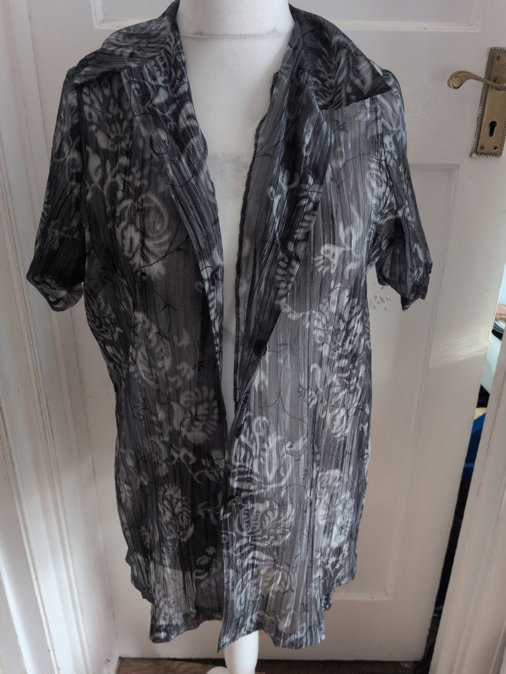 Priscille Large Grey See Through Buttoned Longline Blouse Short Sleeve