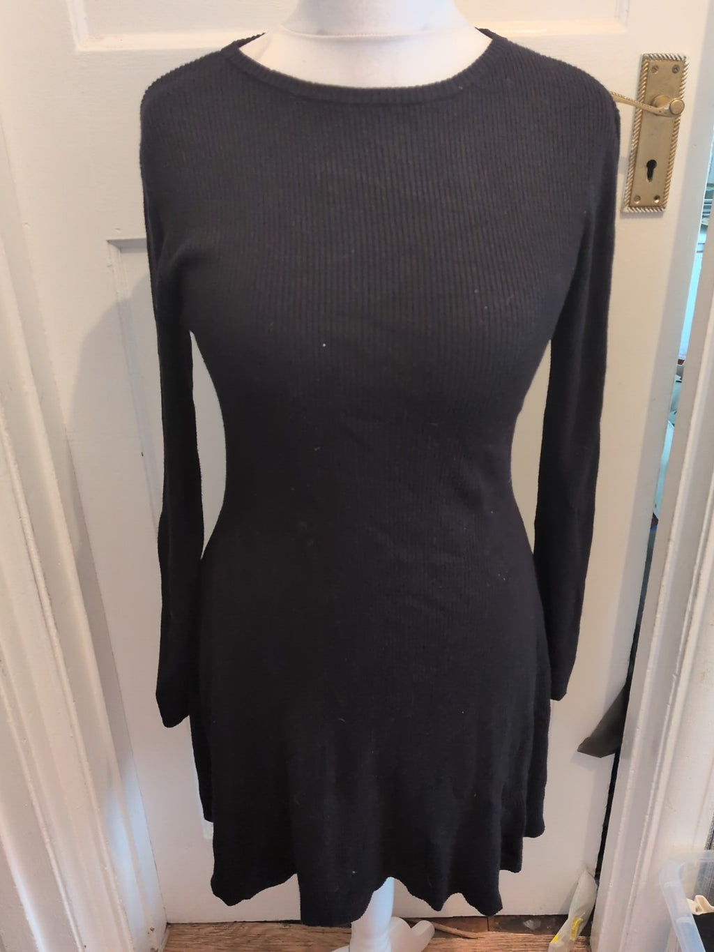 Ladies Primark Size 12-14 Black Ribbed Long Sleeved Flare Dress