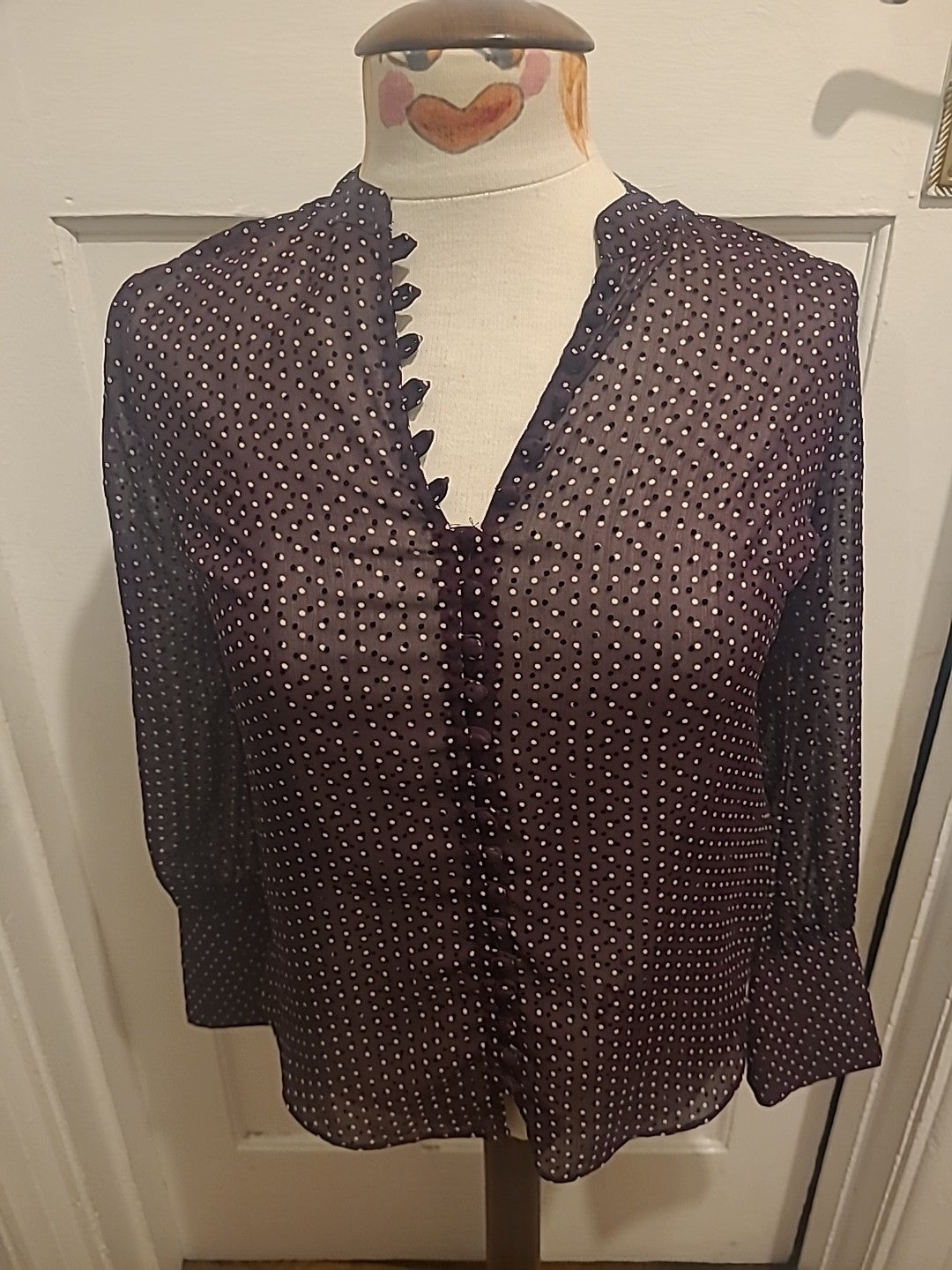 Ladies Next Petite Size 6P Purple/Black/White Spotted See Through Blouse