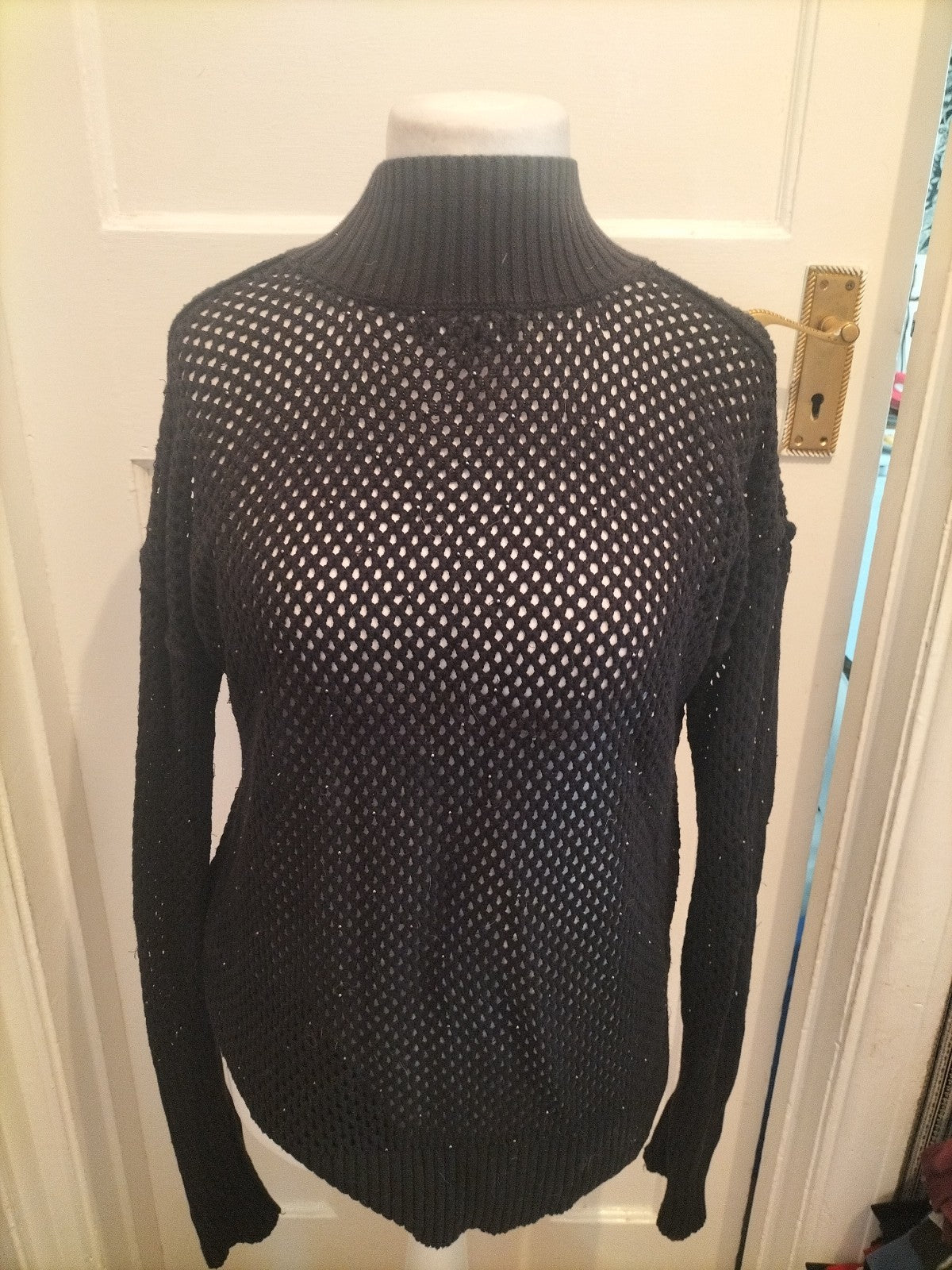 Ladies Next Size 10 Black Lace Knit Long Sleeved Pullover Jumper With Silver