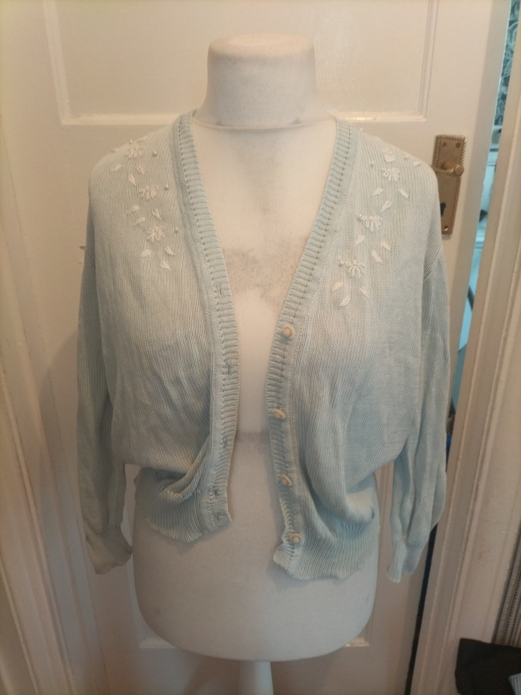 Ladies Giant Frediani Size Small Pale Blue Floral Embroidery Cardigan