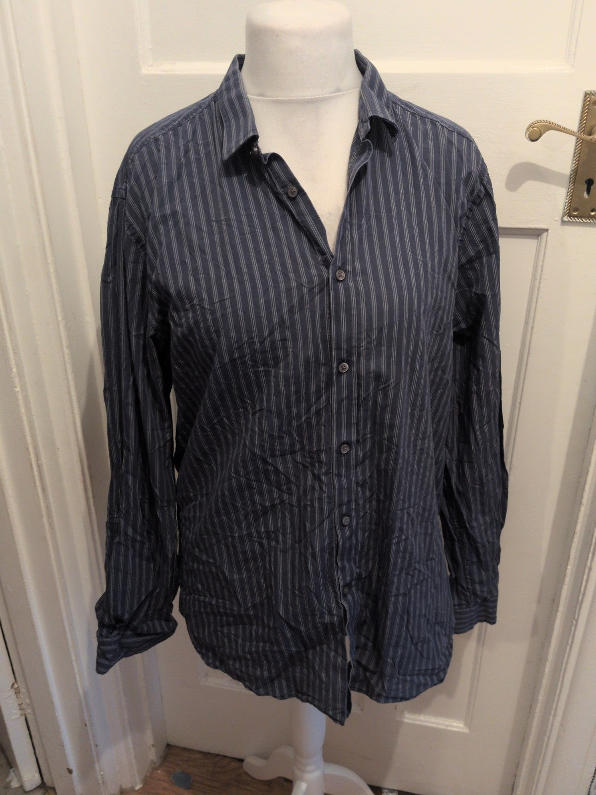 Kenneth Cole 17" Slim Fit Navy Stripe Long Sleeve Shirt