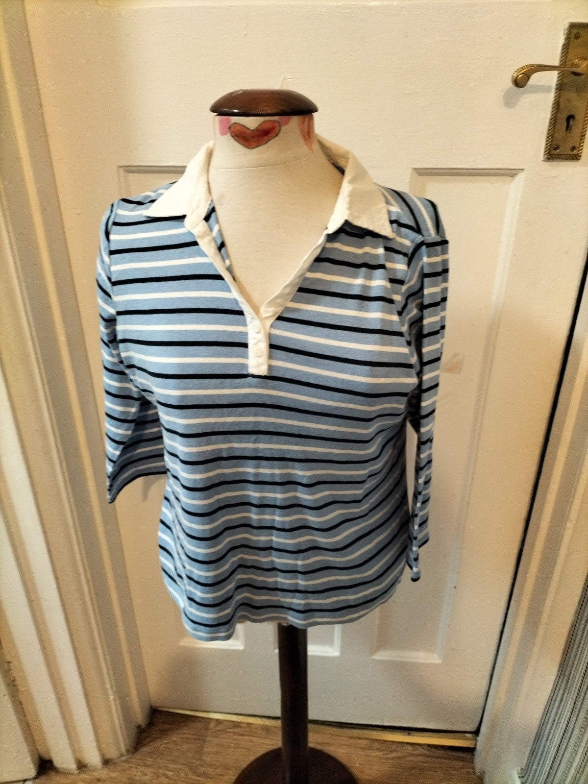 Ladies Maine Size 12 Blue Striped Collared Blouse