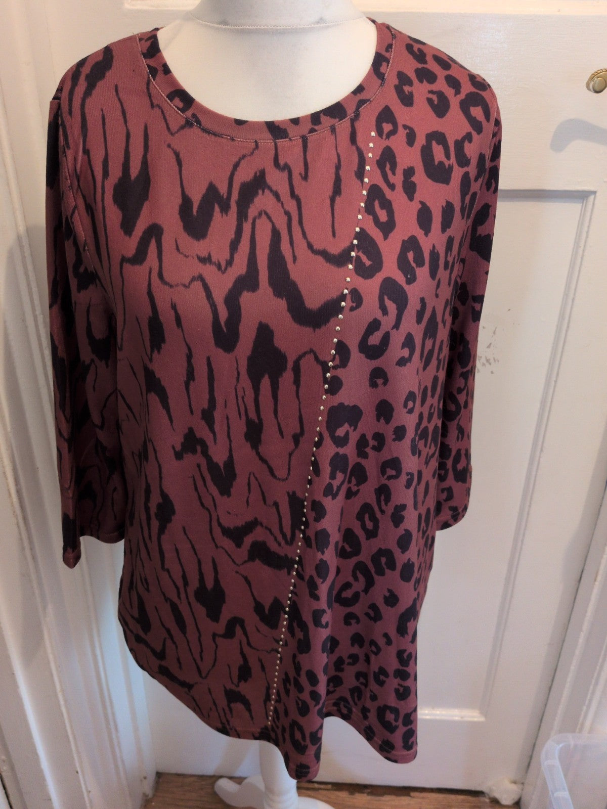Bonmarche 20 Brown And Black Leopard Print Long Sleeve Blouse