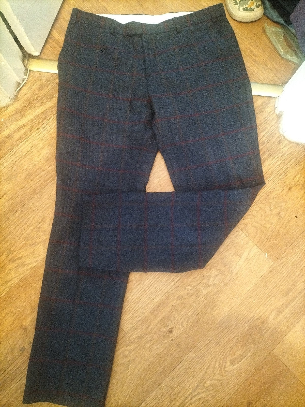Mens 36" Long Navy With Red And Orange Wool Blend Trousers
