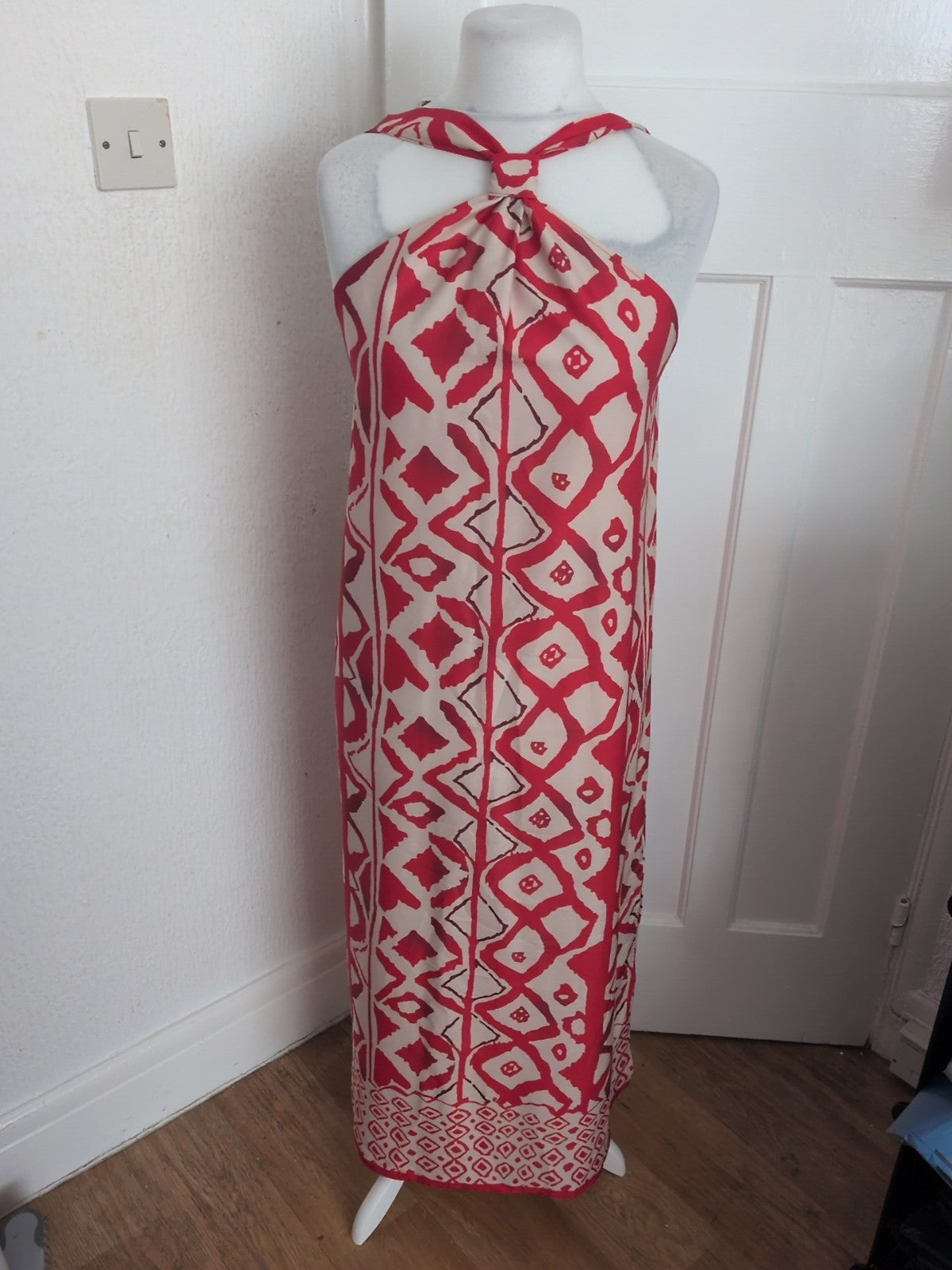 XL Pale Beige And Red Pattern Long Length Dress Sleeveless