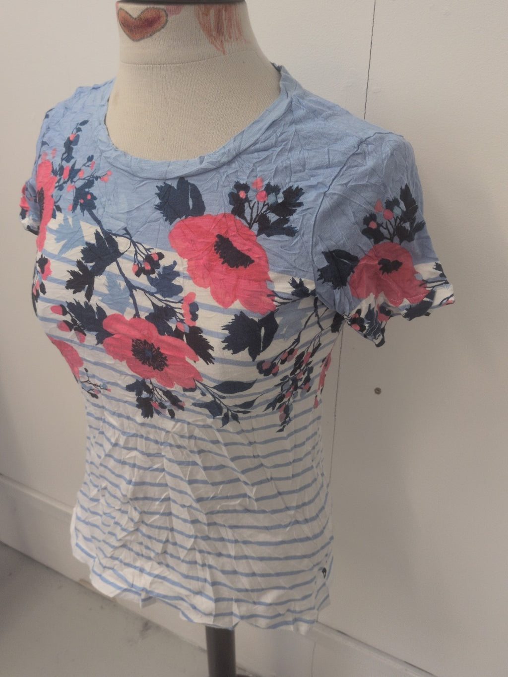 Ladies Joules Size 10 Blue Stripe Floral Short Sleeve T-shirt