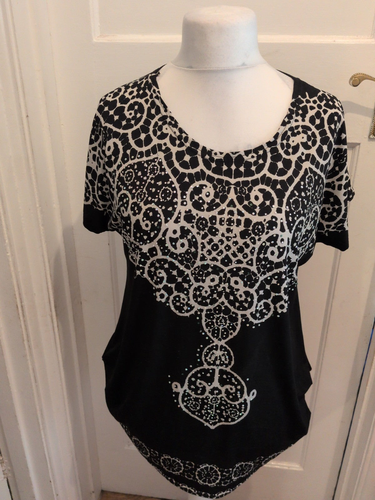 Ladies Nutshell Free Size Black White With Studs Short Sleeve Blouse