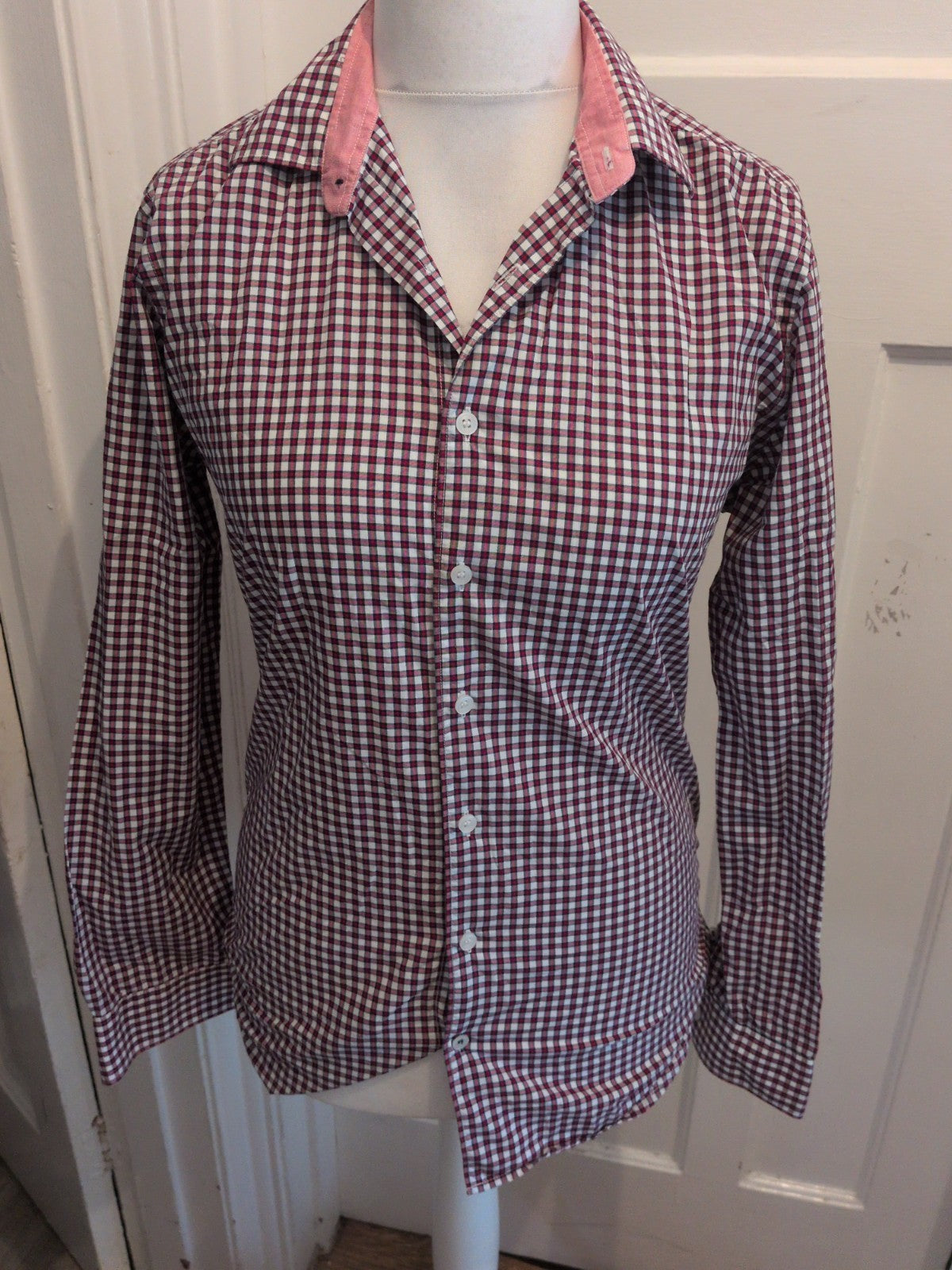 Mango Small Slim Fit Red Check Long Sleeve Shirt