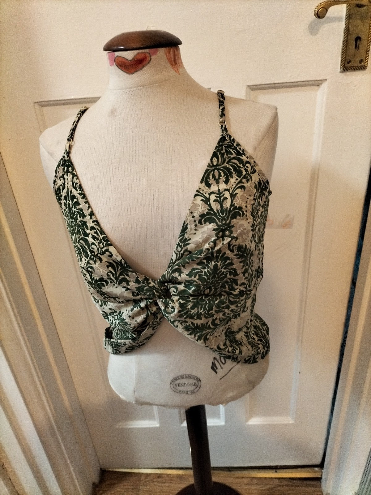 Ladies Shein Size Small Green/Grey/White Knot Detail Sleeveless Blouse