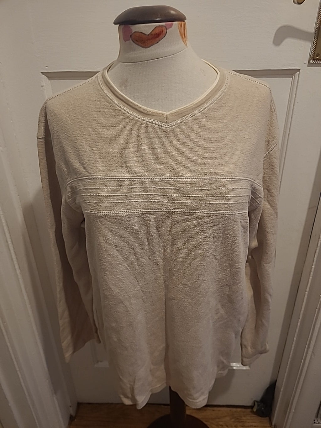 Mens Maine Size Medium Beige V Neck Long Sleeved Pullover Jumper