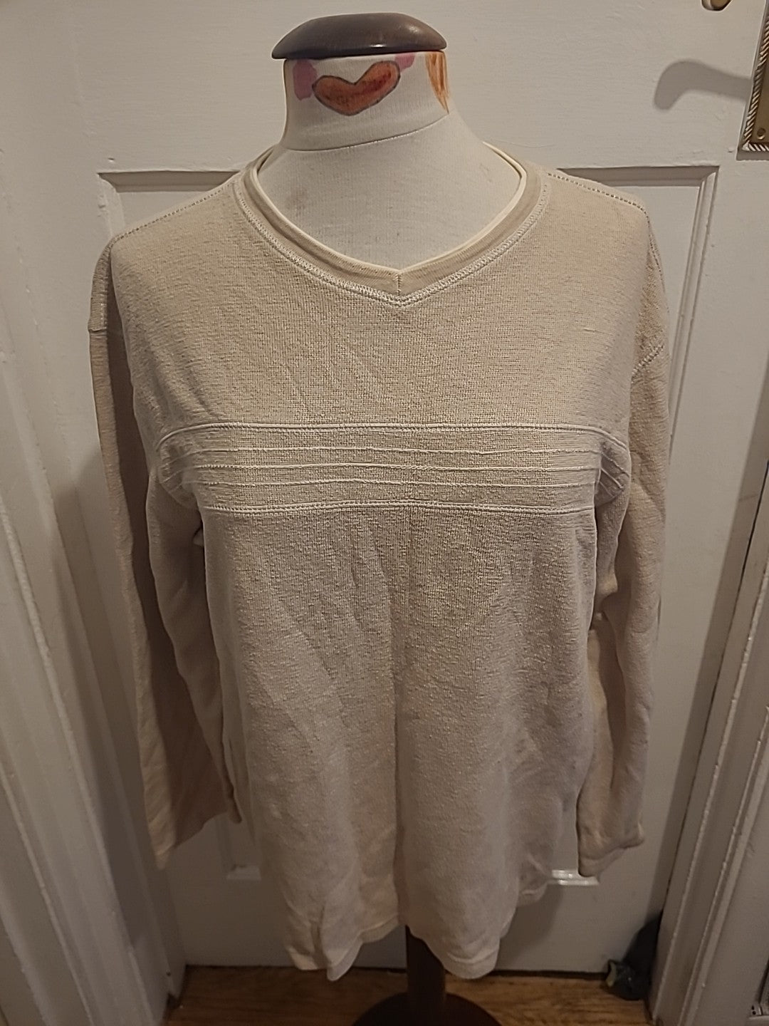 Mens Maine Size Medium Beige V Neck Long Sleeved Pullover Jumper