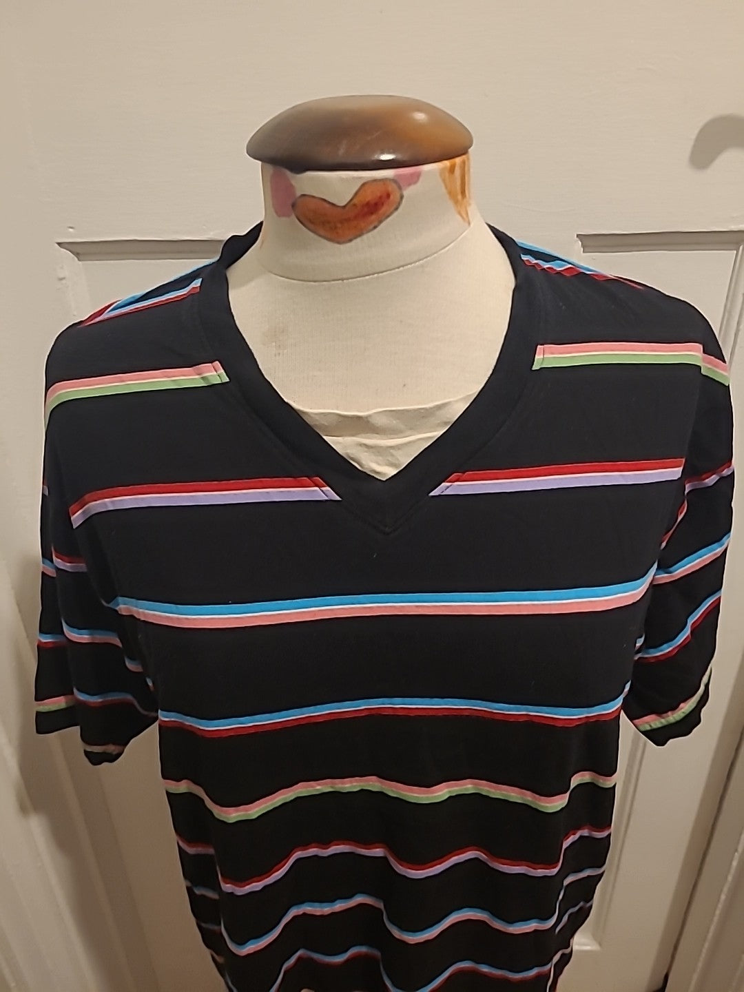 Mens Marks And Spencer Size M Black Multi Striped Short Sleeved Pyjama Top