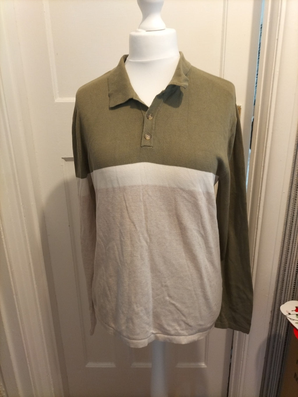 Mens River Island Size M Khaki White And Beige Long Sleeved Polo