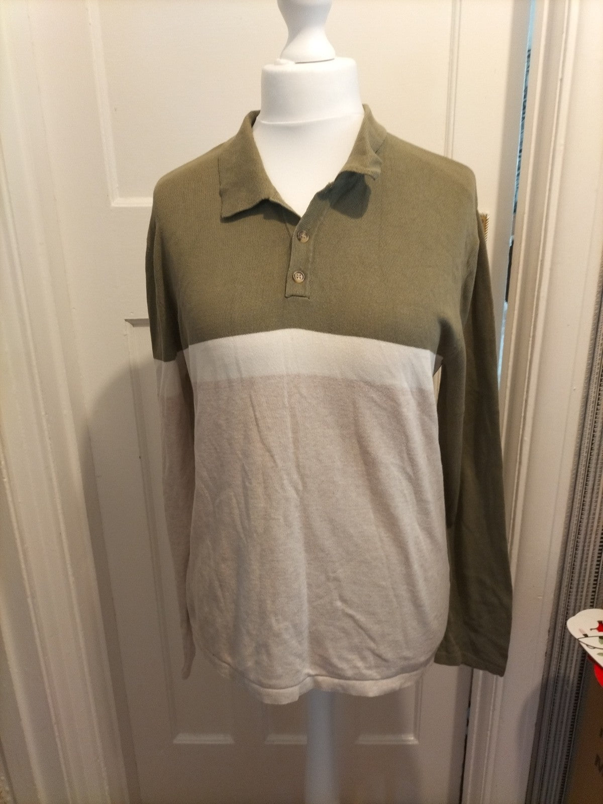 Mens River Island Size M Khaki White And Beige Long Sleeved Polo
