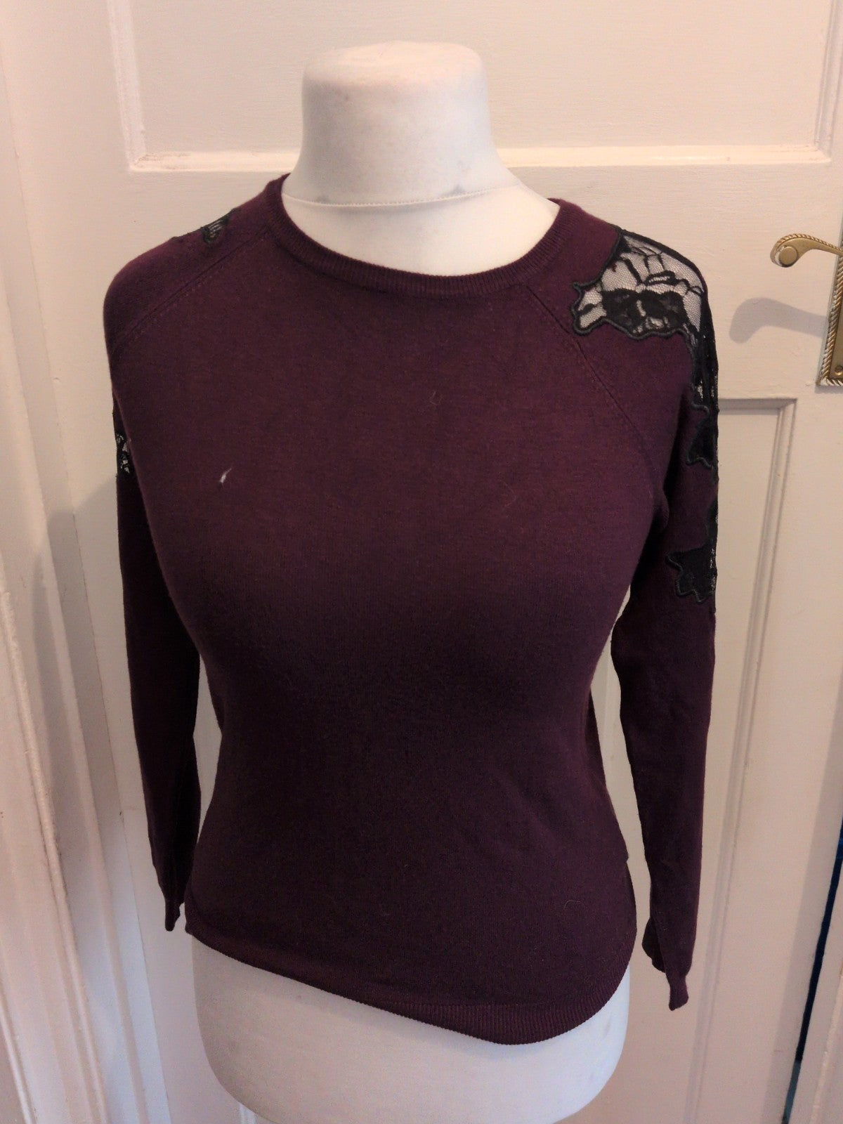 Debenhams 10 Deep Purple With Black Lace Sleeve Jumper