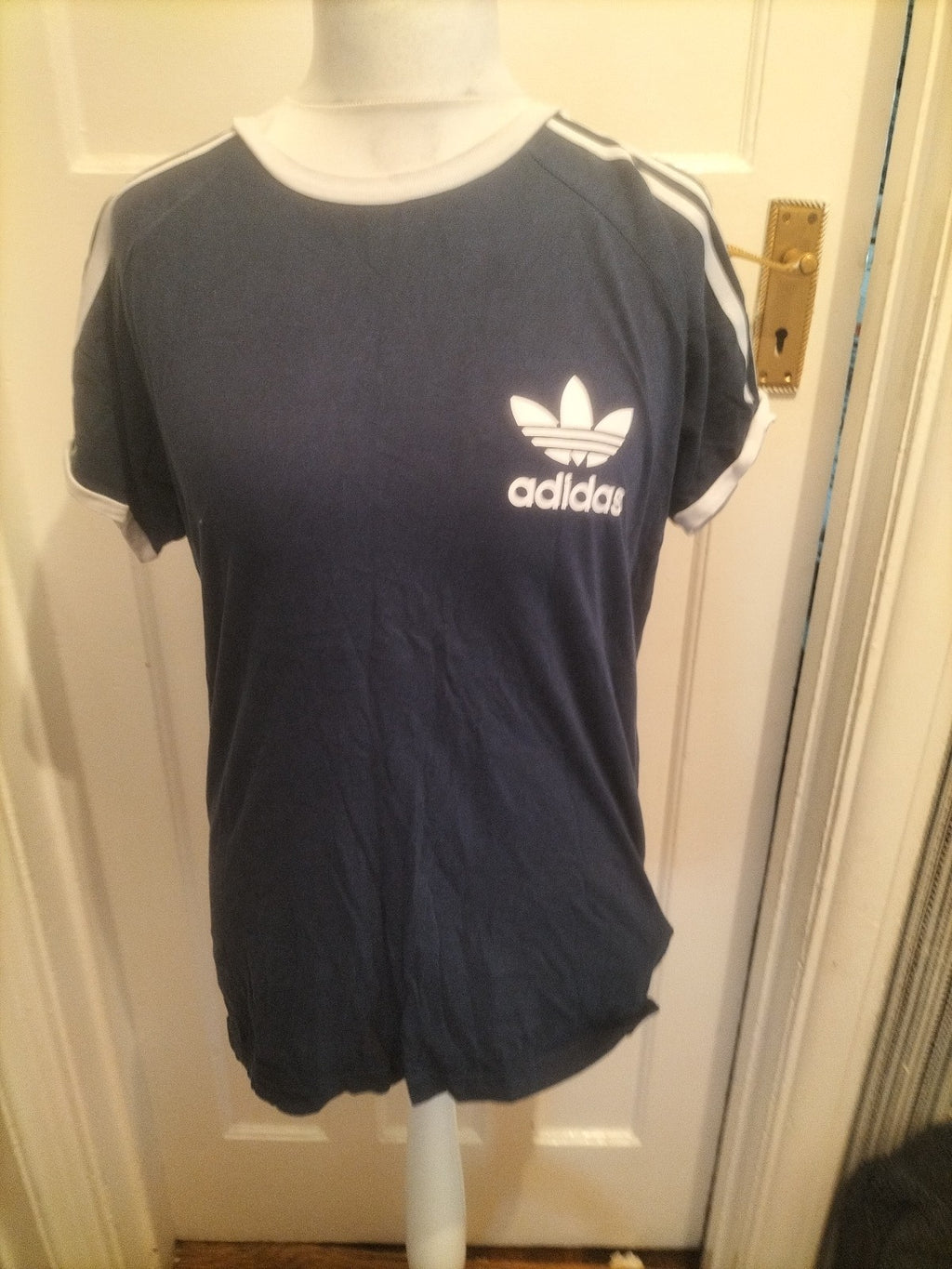 Mens Adidas Size M Navy With White Trim Short Sleeved Tee