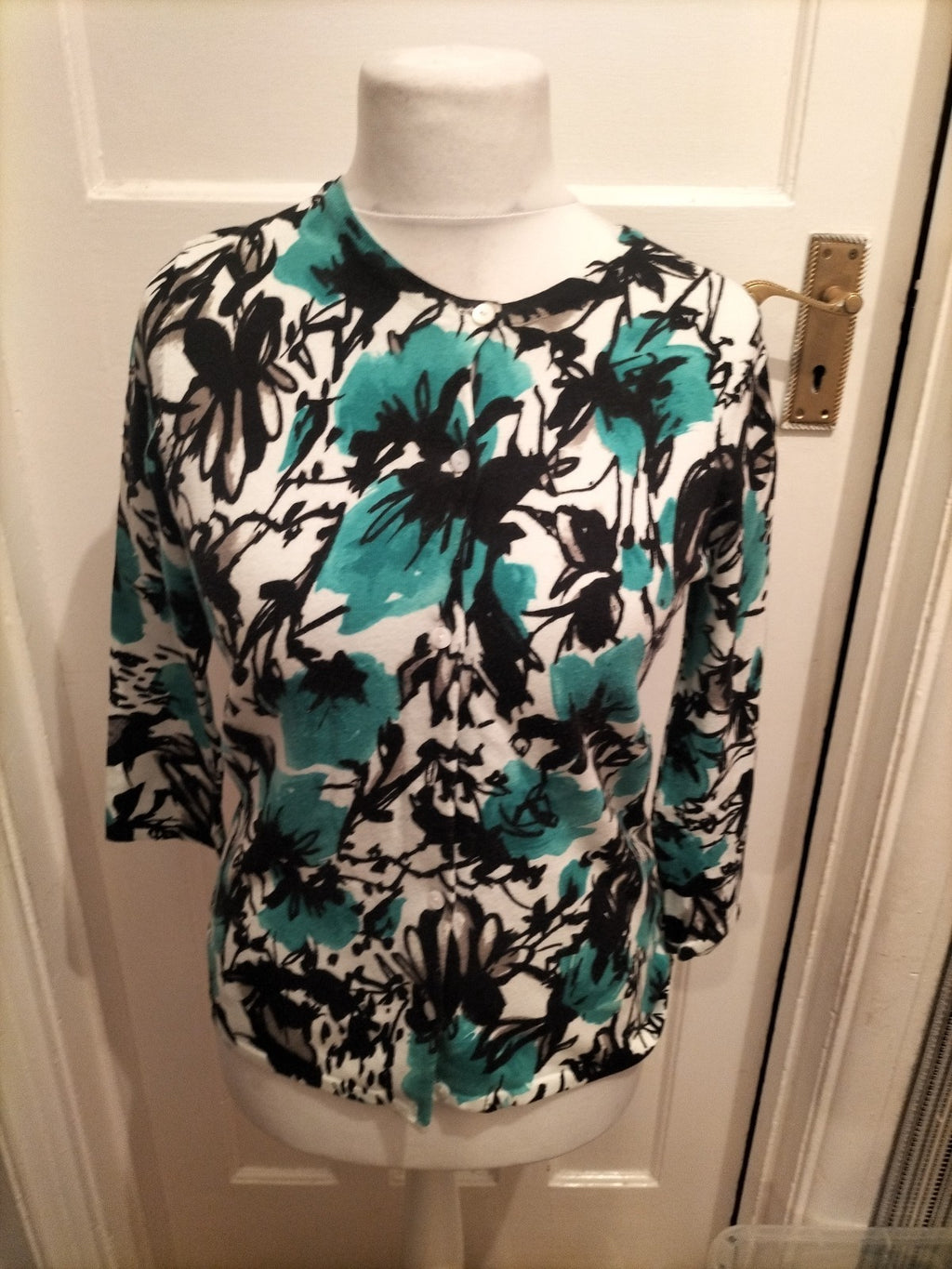 Ladies Susan Bristol Size 12 Turquoise Black And White Cardigan