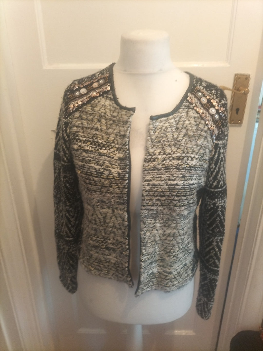 Ladies H&M Size Black White Gold Sequin Shoulder Cardigan