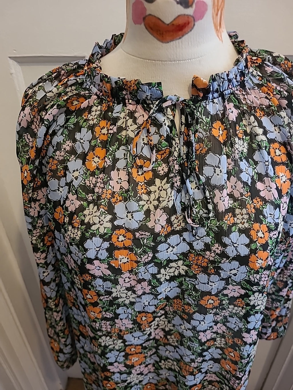 Ladies Peacocks Size 12 Multi Coloured Floral Long Sleeved See Through Dress