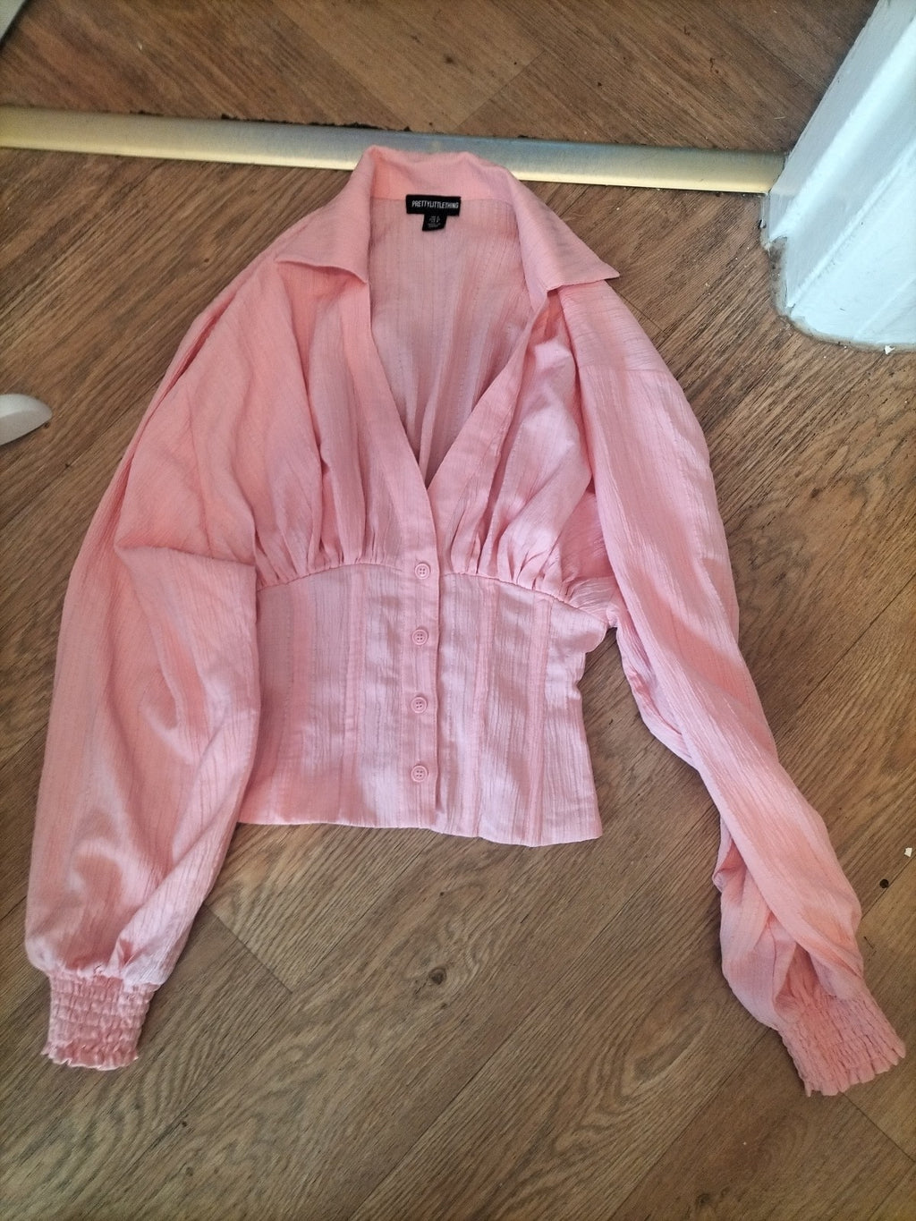 Prettylittlething 8 Pink Collared Long Sleeved Boned Waist Blouse