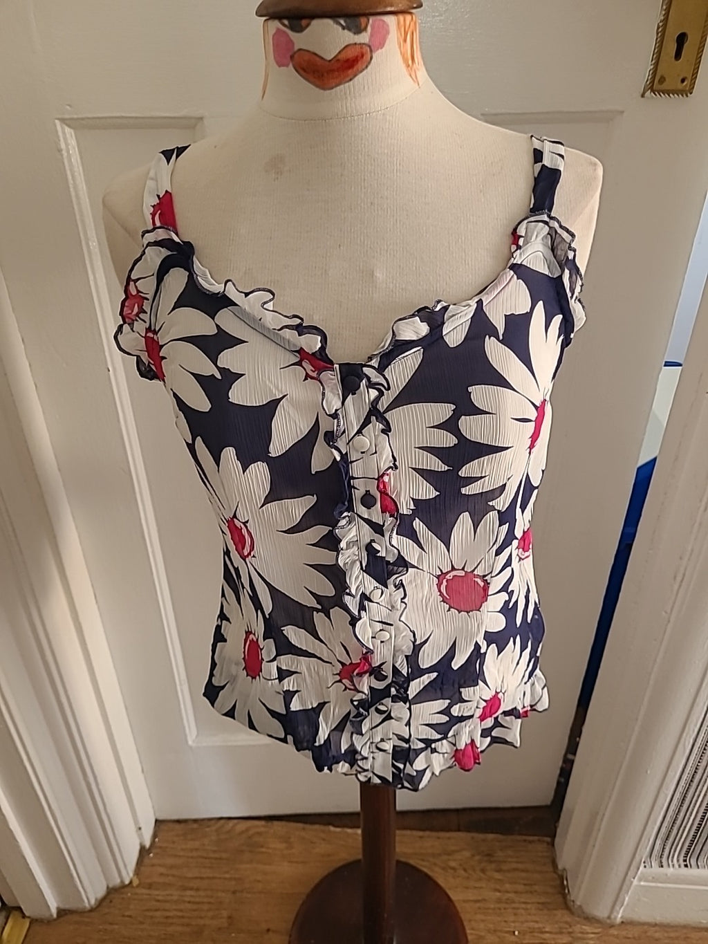 Ladies Per Una Size 10 Navy White Buttoned Floral Sleeveless Tshirt