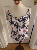 Ladies Per Una Size 10 Navy White Buttoned Floral Sleeveless Tshirt