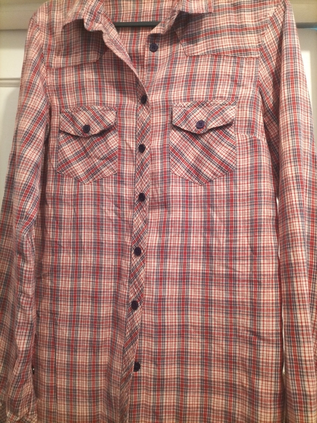 Ladies Topshop Size 8 Purple Red Check Long Sleeved Blouse