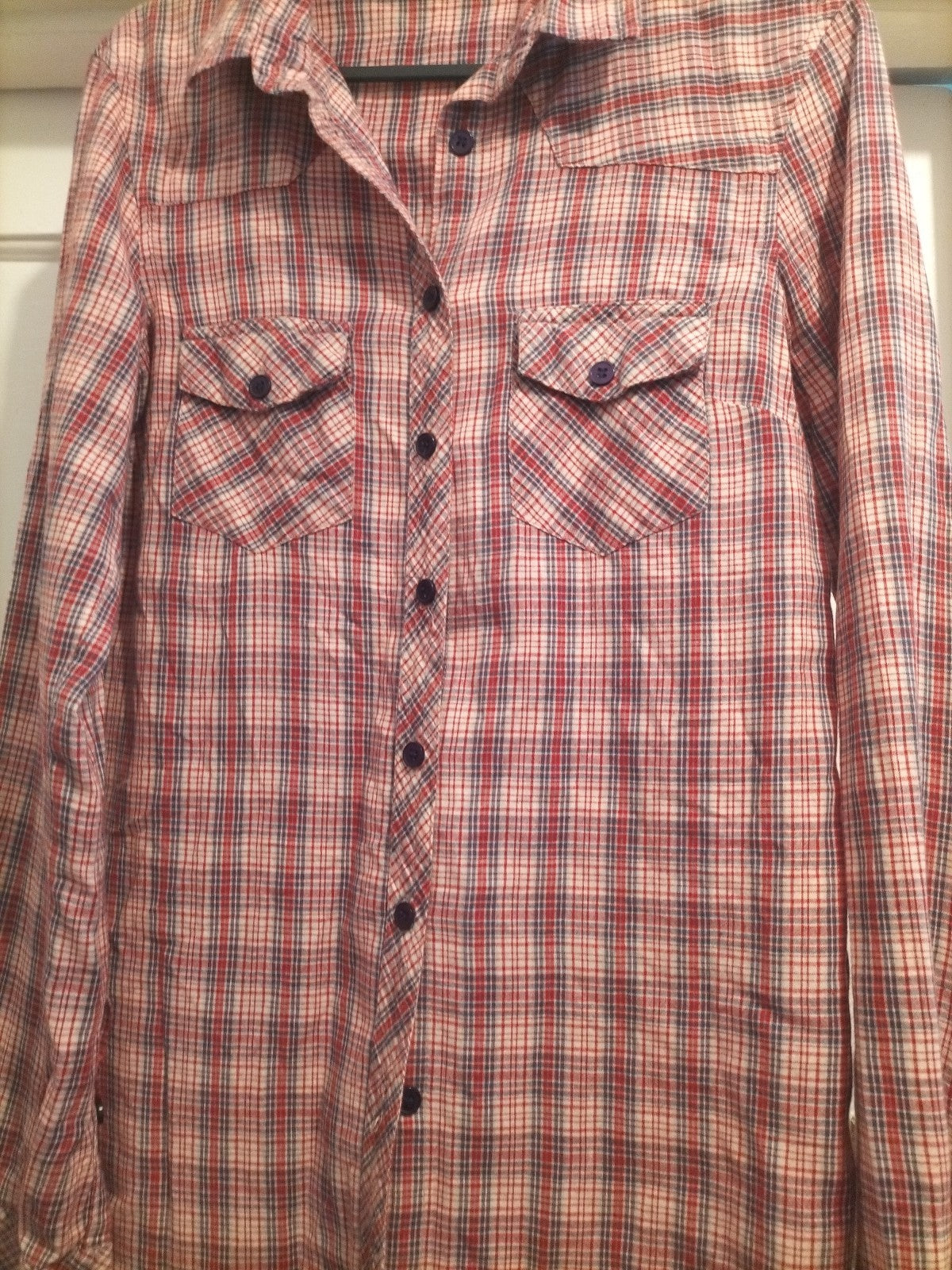 Ladies Topshop Size 8 Purple Red Check Long Sleeved Blouse
