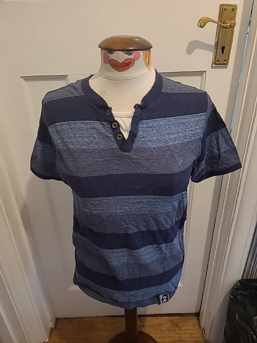 Mens Urban Spirit Size Medium Navy Grey Blue Striped Short Sleeved Polo