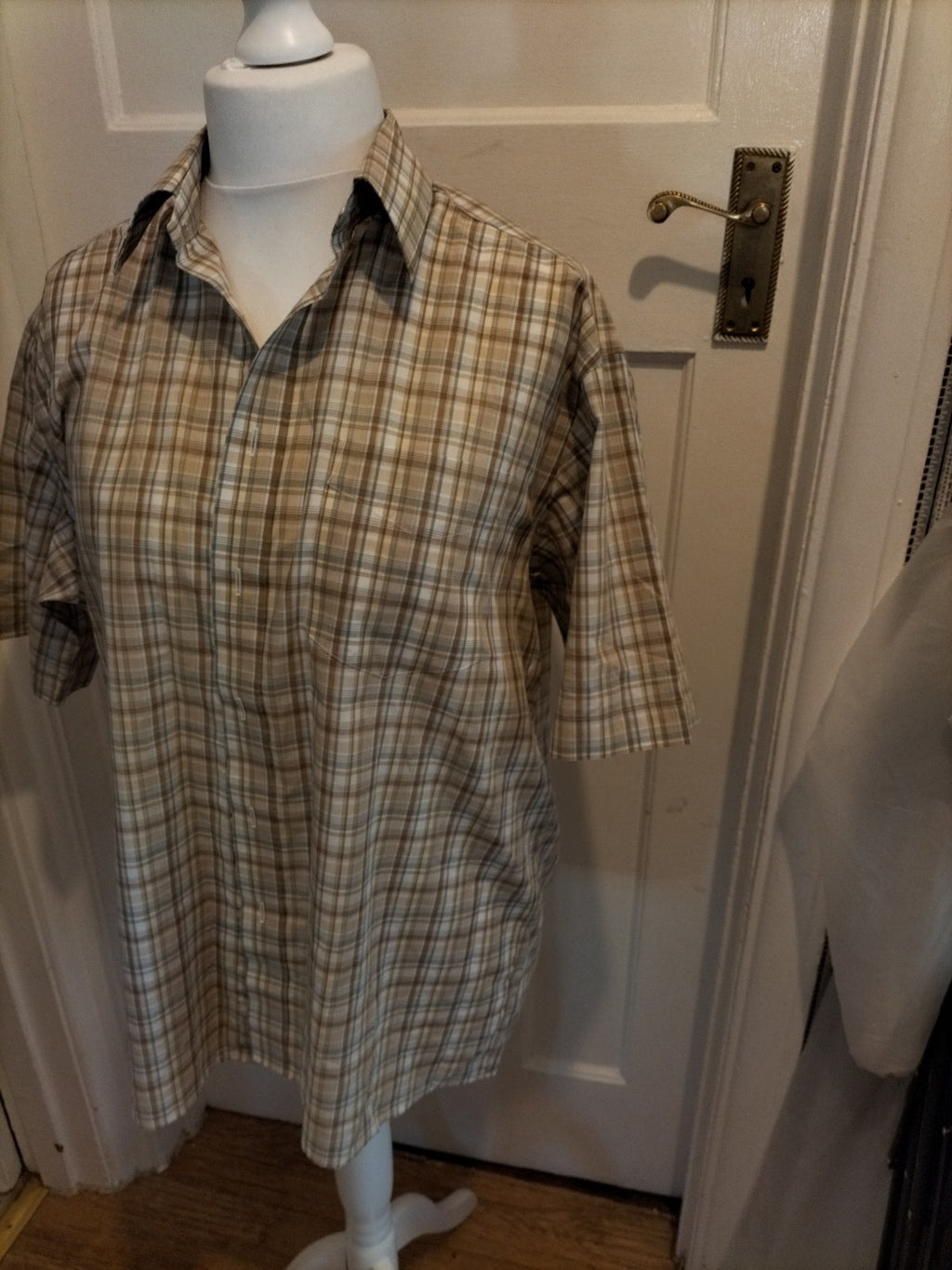 Mens St Michael Size 16" Collar Brown And Grey Short Sleeved Shirt