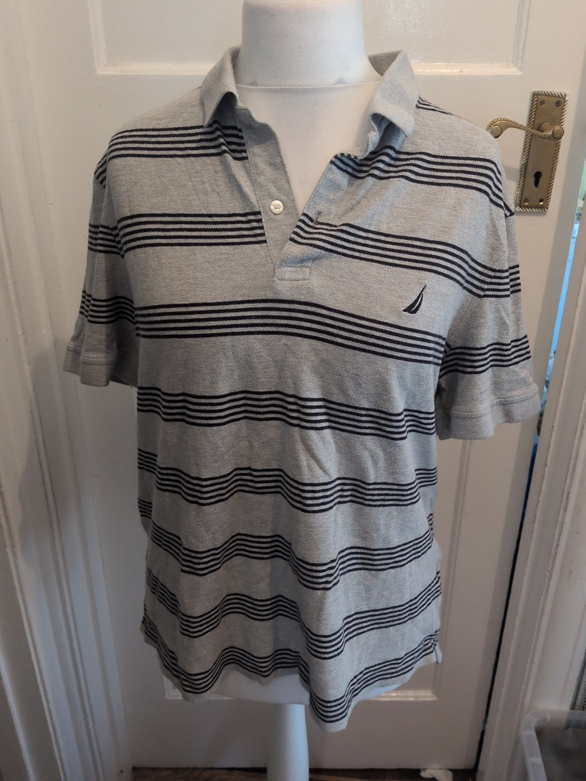 Nautica Large Grey And Navy Stripe Short Sleeve Polo
