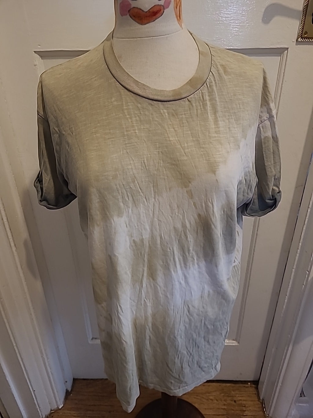 Mens Topman Size Medium Khaki And White Short Sleeved Tshirt(Hole By Label)